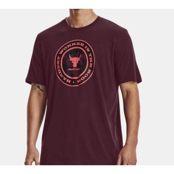 Under Armour Project Rock Shirt Mens Sz M Burgundy Hardest Worker Gym Fitness - Picture 2 of 12